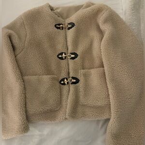 Tan Sherpa Teddy Jacket with Gold Toggle Accents